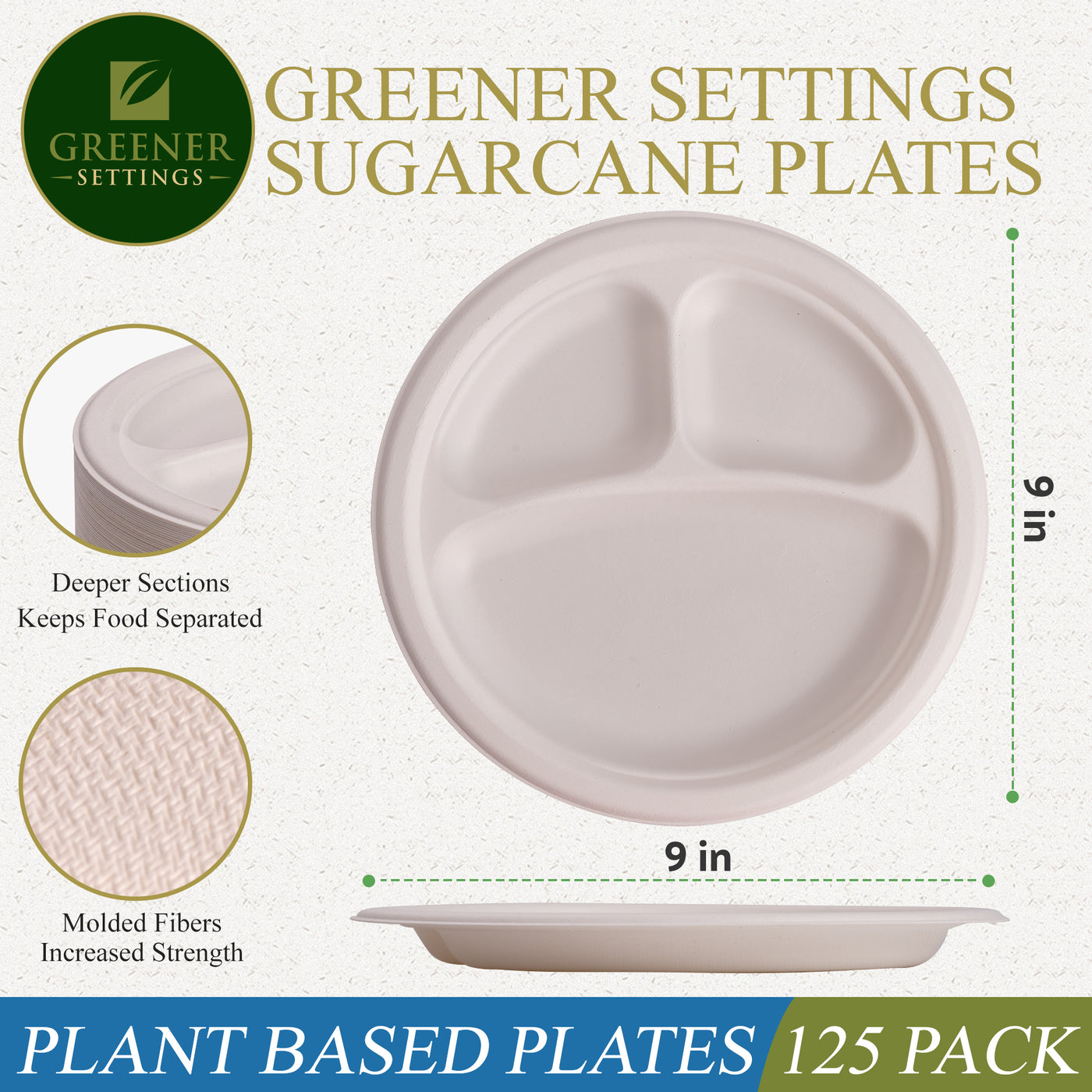 9 in. Unbleached Compostable Disposable Paper 3-Section Plates [125-Pack] - Perfect Settings Tableware
