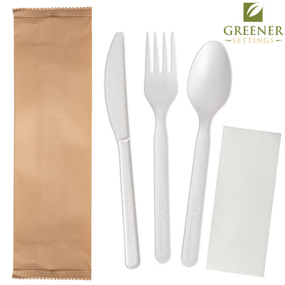 Compostable Disposable Plant Based Sealed Cutlery Packets (125 Sets) - Perfect Settings Tableware