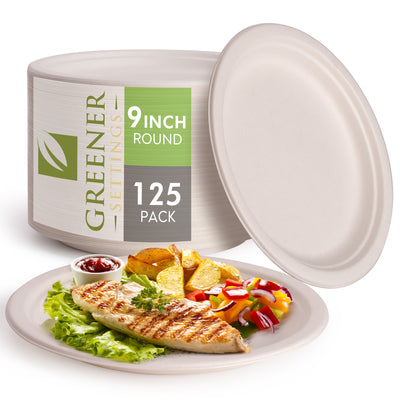 9 in. Unbleached Compostable Disposable Paper Plates [125-Pack] - Perfect Settings Tableware