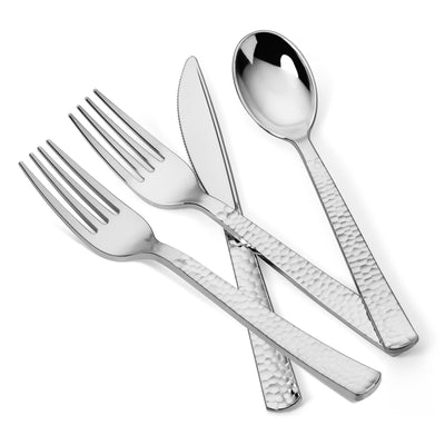 300 Pieces Silver Plastic Cutlery Set - Silver Metallic Plastic Silverware - Hammered Finish - 75 Spoons, 75 Knives, 150 Forks - Perfect Settings Tableware
