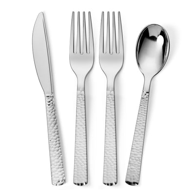 300 Pieces Silver Plastic Cutlery Set - Silver Metallic Plastic Silverware - Hammered Finish - 75 Spoons, 75 Knives, 150 Forks - Perfect Settings Tableware