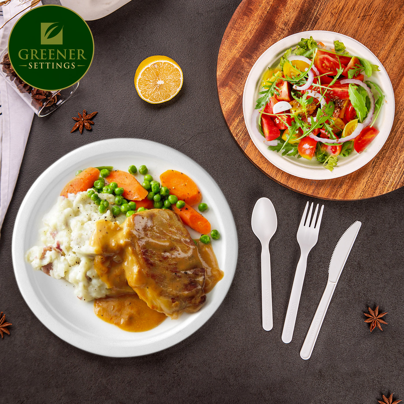 10 in. & 7 in. White Compostable Disposable Paper Plate Set Plus Cutlery [25 Guest Service] - Perfect Settings Tableware