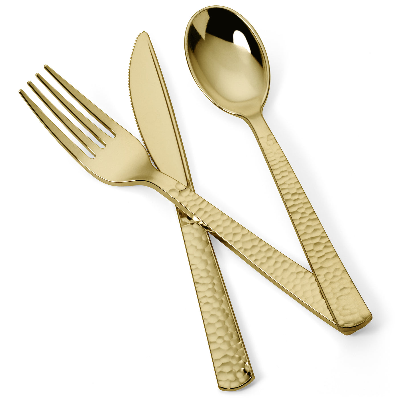 150 Pieces Gold Plastic Cutlery Set - Gold Metallic Plastic Silverware - Hammered Finish -50 Set - Perfect Settings Tableware