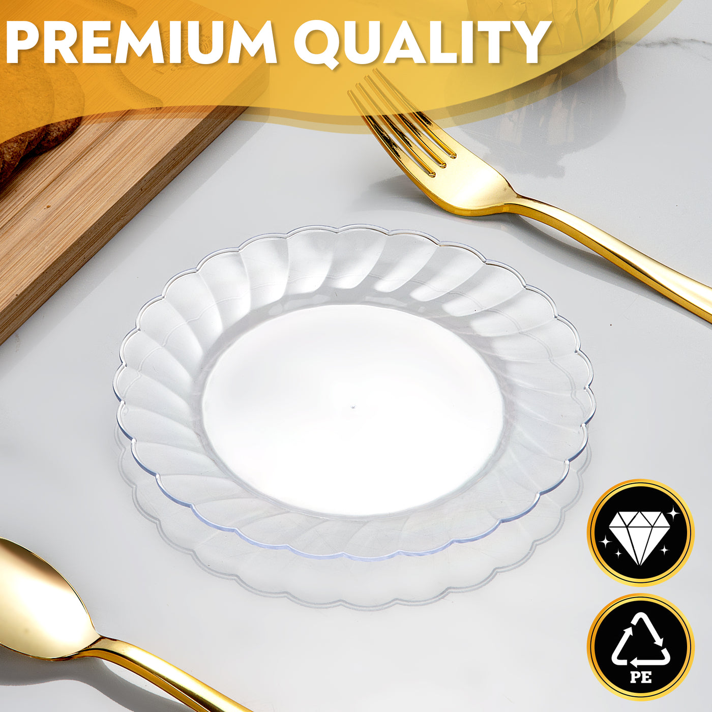 Perfect Settings 100 Piece Premium Clear Flared 6 Inch Plastic Plates - Heavy Duty Elegant Small Disposable Plates for Dessert, Salad, or Snacks - Perfect Settings Tableware
