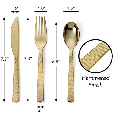 150 Pieces Gold Plastic Cutlery Set - Gold Metallic Plastic Silverware - Hammered Finish -50 Set - Perfect Settings Tableware