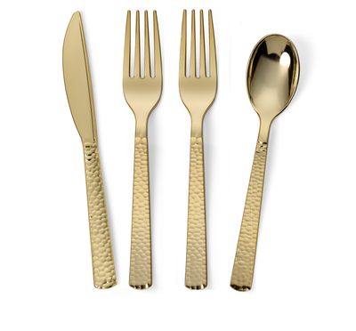 300 Pieces Gold Plastic Disposable Cutlery Set - Metallic Plastic with a Hammered Finish - 75 Spoons, 75 Knives, 150 Forks - Perfect Settings Tableware