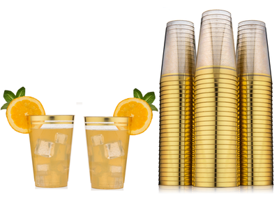 100ct. Cups Glitter-Gold Rim Plastic Disposable Glasses, Elegant Parties, Special Events, Weddings - Perfect Settings Tableware