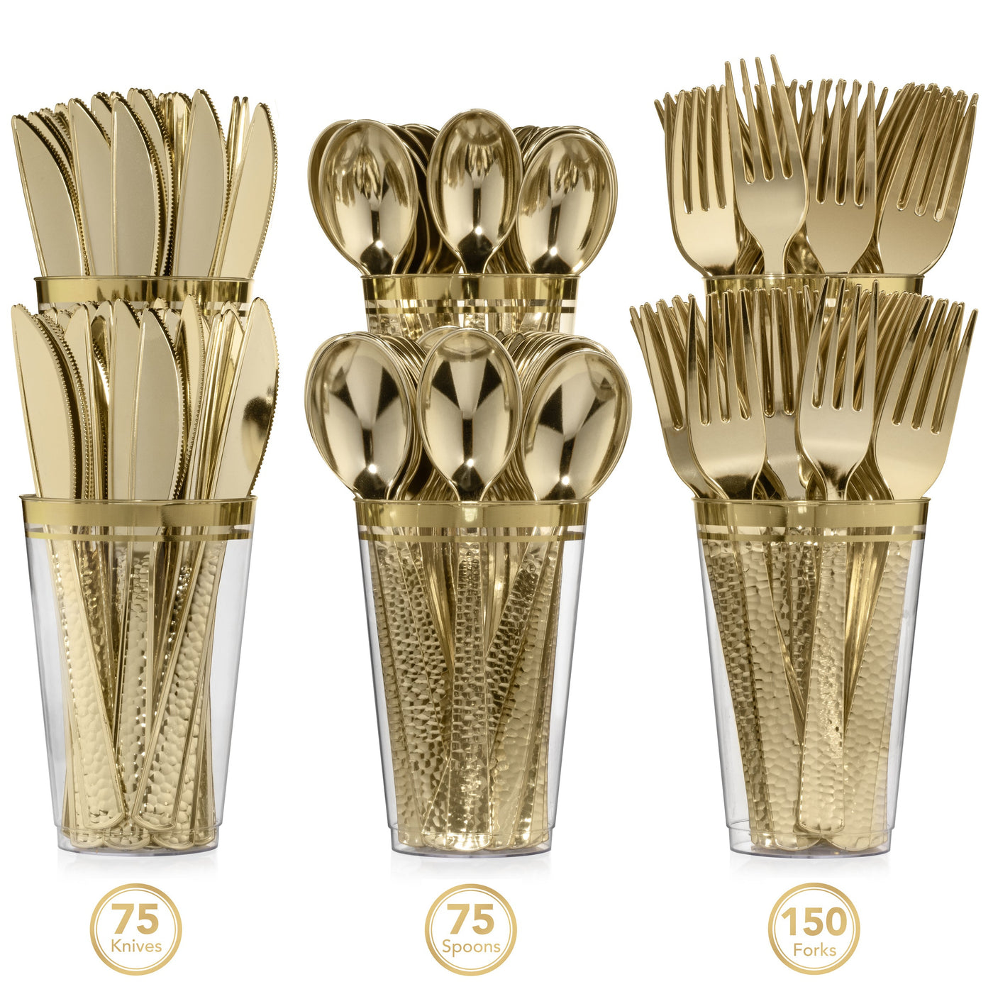 300 Pieces Gold Plastic Disposable Cutlery Set - Metallic Plastic with a Hammered Finish - 75 Spoons, 75 Knives, 150 Forks - Perfect Settings Tableware