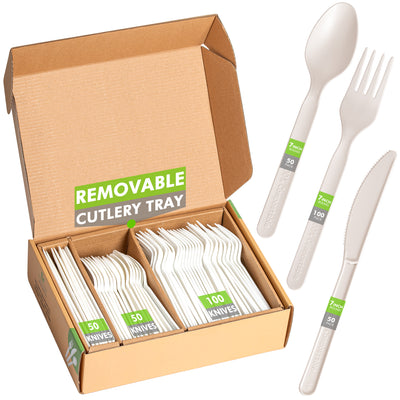 200 Piece Set - Compostable Disposable Plant Based Cutlery Set (50 Sets) - Perfect Settings Tableware