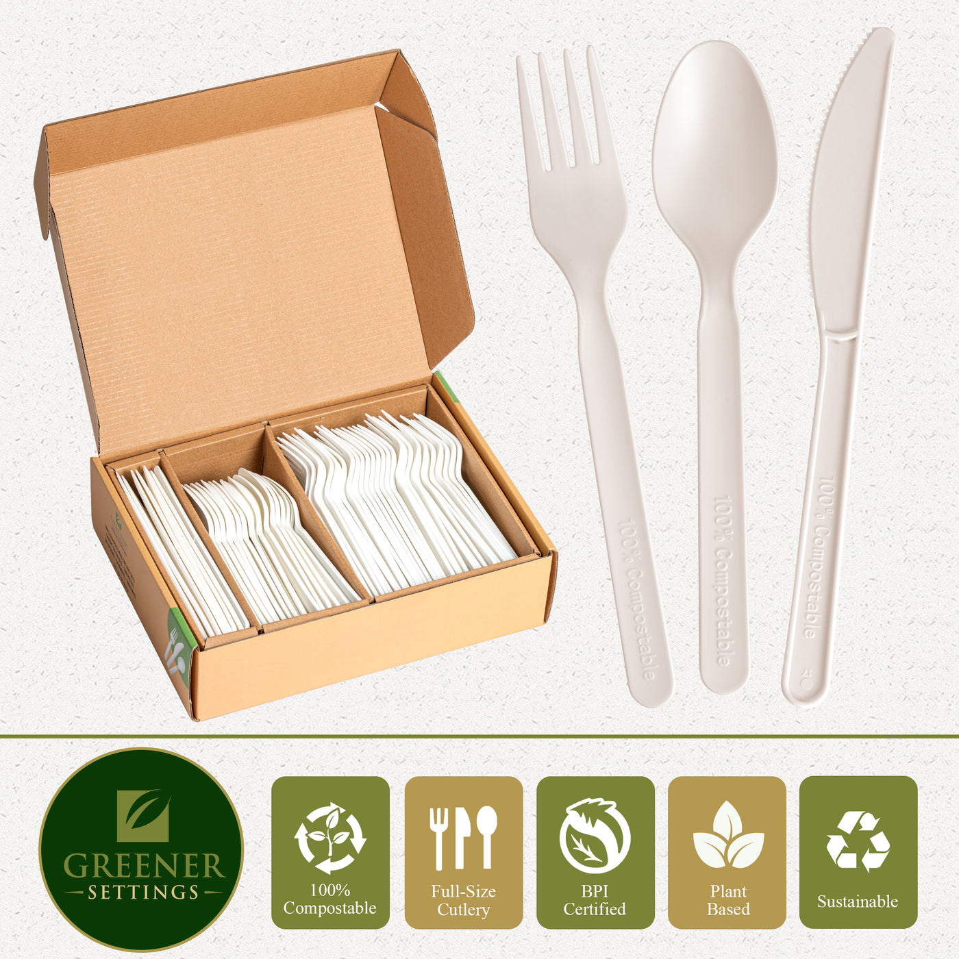 200 Piece Set - Compostable Disposable Plant Based Cutlery Set (50 Sets) - Perfect Settings Tableware