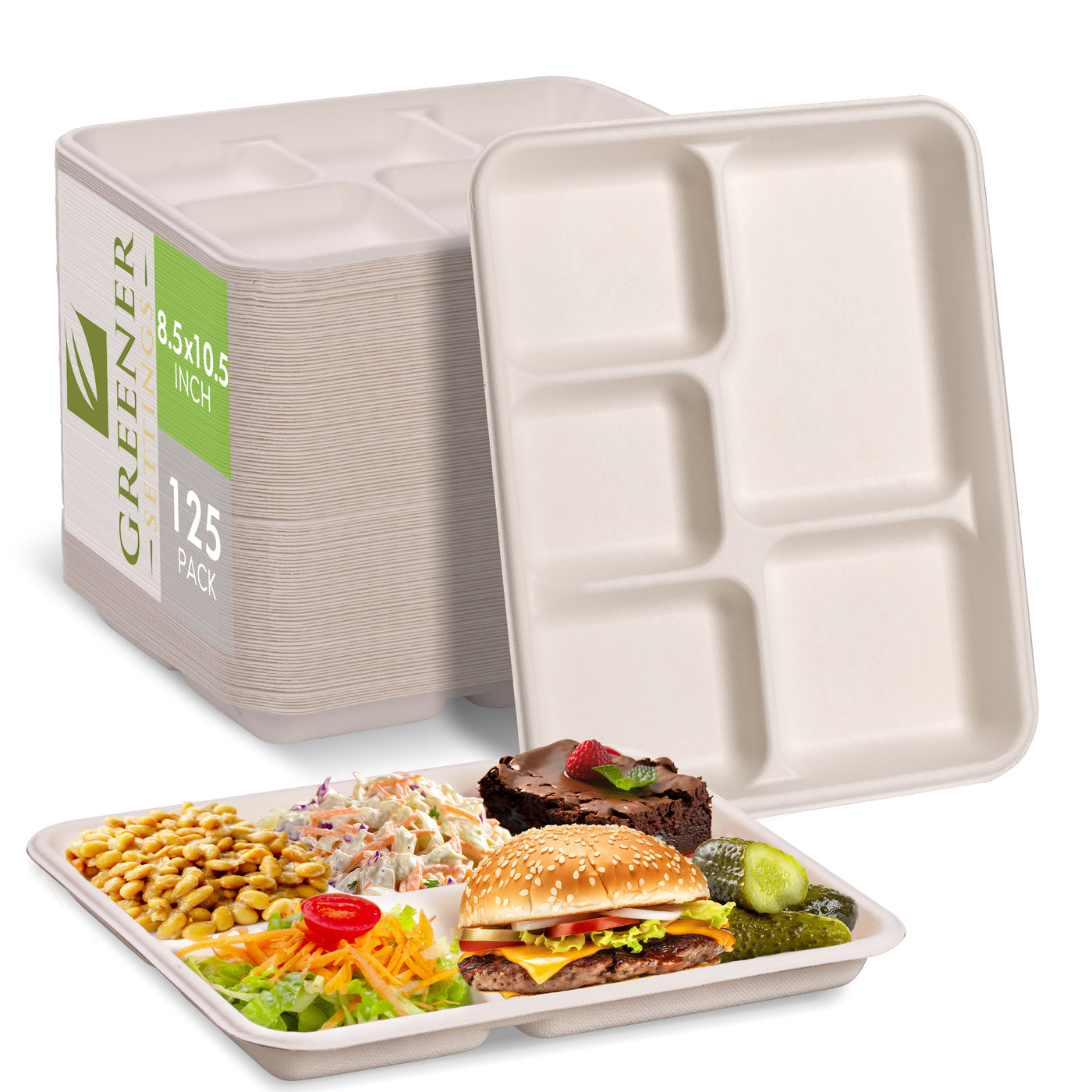 100% Compostable Paper Plates [10 inch - 125-Pack] 3 Compartment Disposable Plat