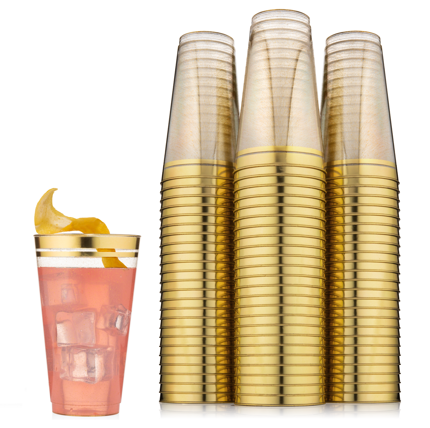 100ct. Cups Glitter-Gold Rim Plastic Disposable Glasses, Elegant Parties, Special Events, Weddings - Perfect Settings Tableware