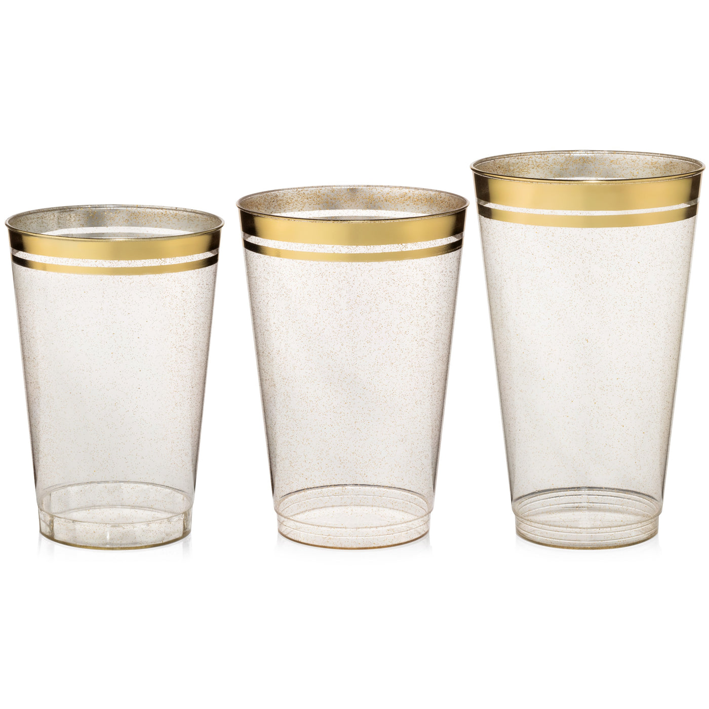 100ct. Cups Glitter-Gold Rim Plastic Disposable Glasses, Elegant Parties, Special Events, Weddings - Perfect Settings Tableware