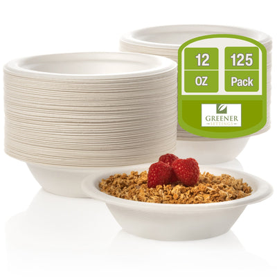 12 oz Compostable Paper Bowls – 125-Pack | Bagasse, Microwave & Freezer Safe, Leak-Resistant, Cut-Resistant, Heavy Duty