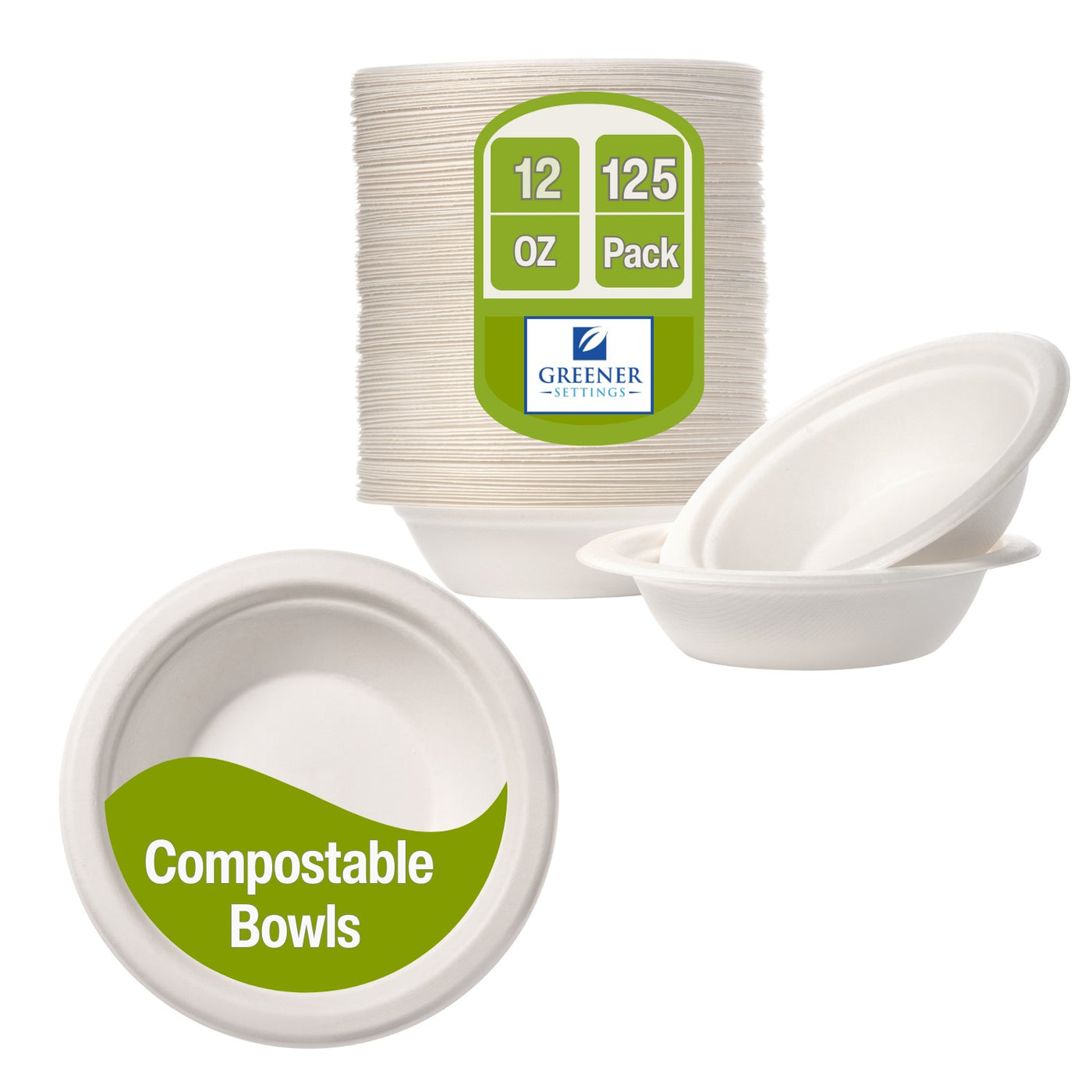 12 oz Compostable Paper Bowls – 125-Pack | Bagasse, Microwave & Freezer Safe, Leak-Resistant, Cut-Resistant, Heavy Duty