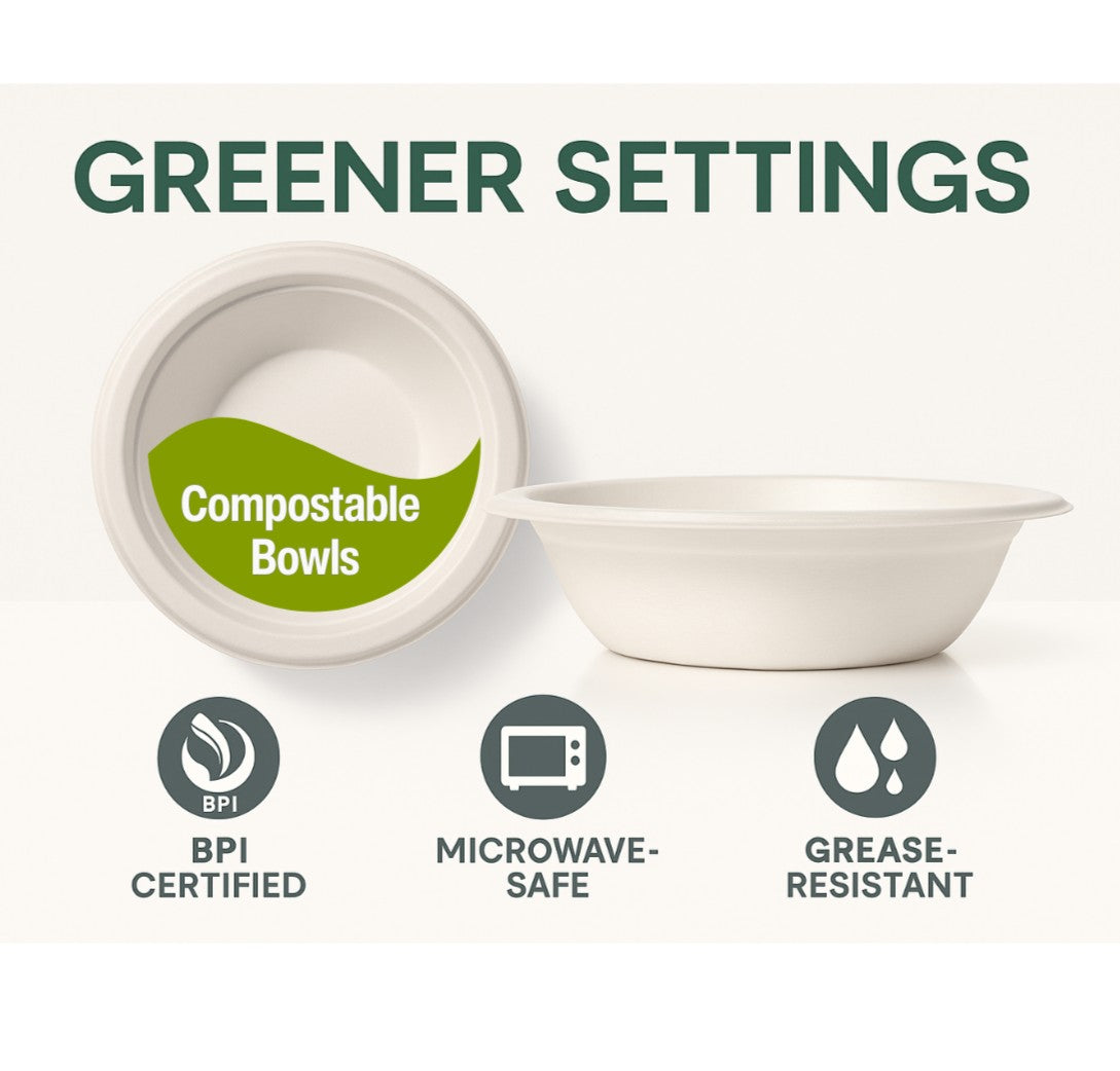12 oz Compostable Paper Bowls – 125-Pack | Bagasse, Microwave & Freezer Safe, Leak-Resistant, Cut-Resistant, Heavy Duty