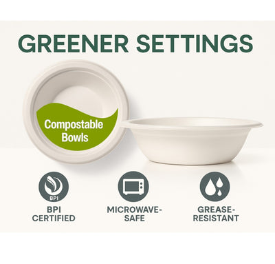 12 oz Compostable Paper Bowls – 125-Pack | Bagasse, Microwave & Freezer Safe, Leak-Resistant, Cut-Resistant, Heavy Duty