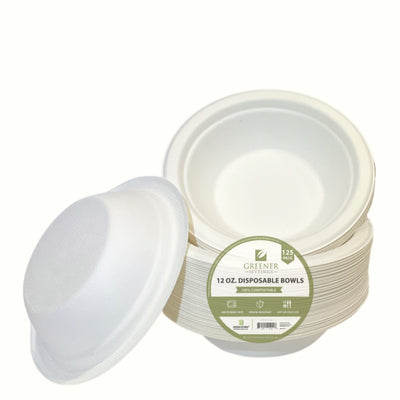 12 oz Compostable Paper Bowls – 125-Pack | Bagasse, Microwave & Freezer Safe, Leak-Resistant, Cut-Resistant, Heavy Duty