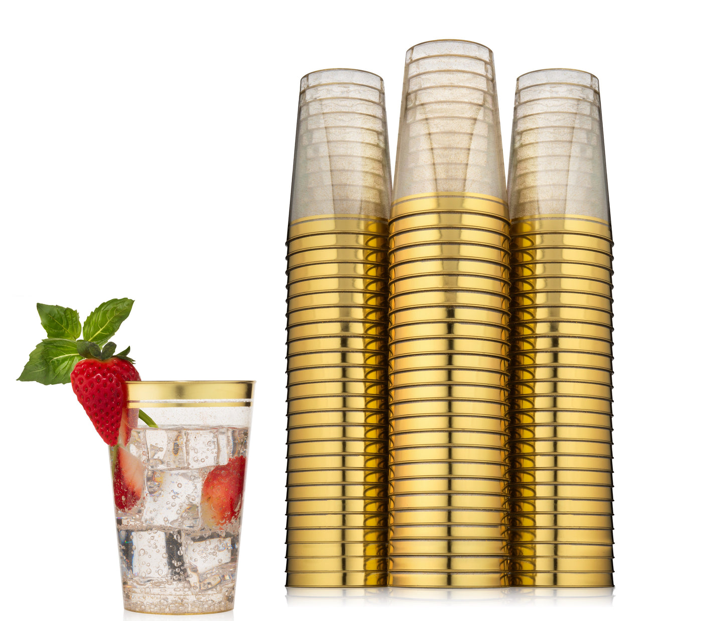 100ct. Cups Glitter-Gold Rim Plastic Disposable Glasses, Elegant Parties, Special Events, Weddings - Perfect Settings Tableware