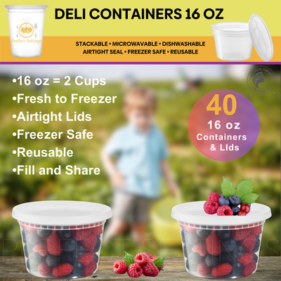 Perfect Settings 16 oz Deli Containers with Lids [40 Sets] Leakproof, Microwavable, Freezer, Dishwasher Safe, Pint Size Plastic Food Storage Container - Perfect Settings Tableware