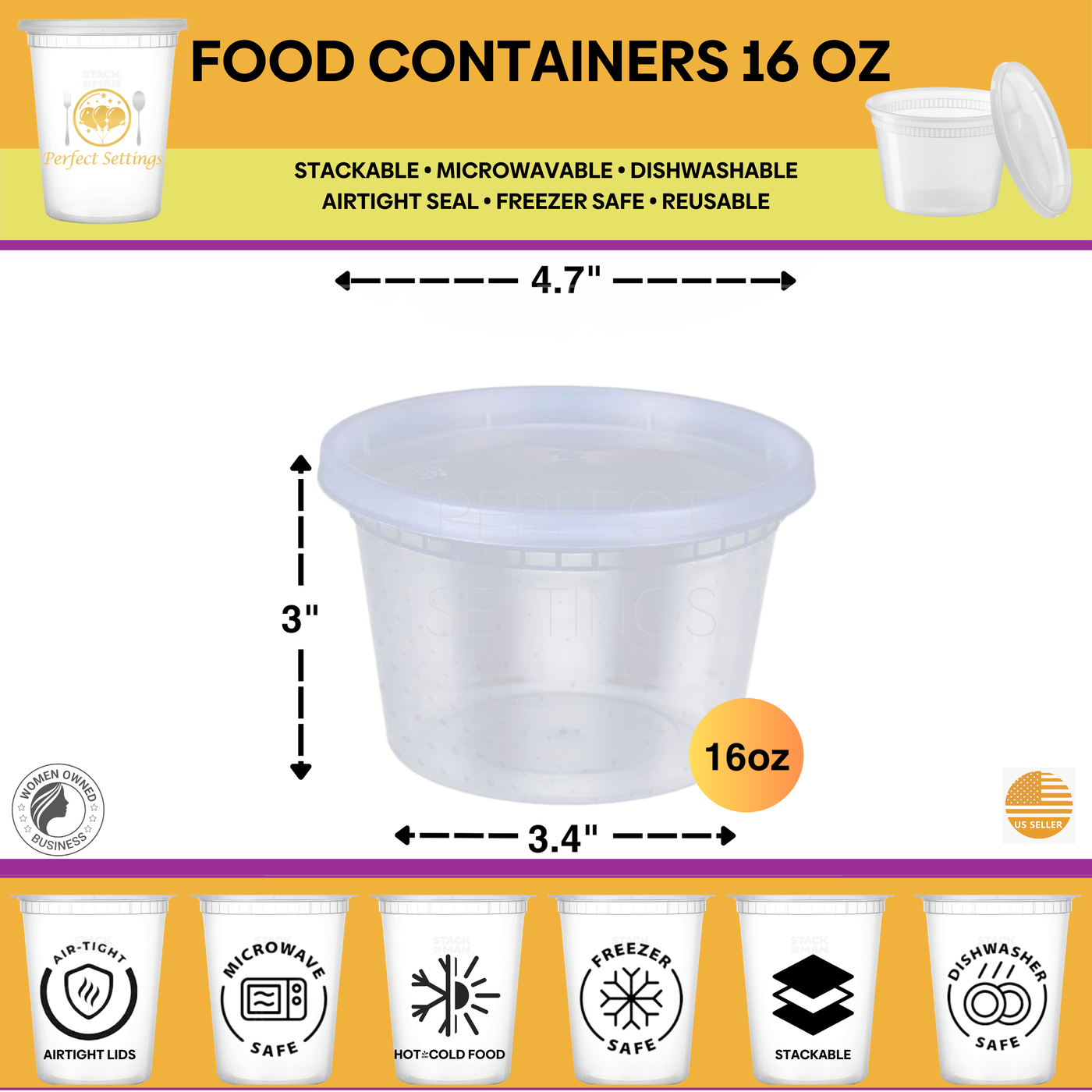 Perfect Settings 16 oz Deli Containers with Lids [40 Sets] Leakproof, Microwavable, Freezer, Dishwasher Safe, Pint Size Plastic Food Storage Container - Perfect Settings Tableware