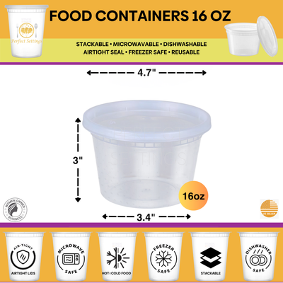 Perfect Settings 16 oz Deli Containers with Lids [40 Sets] Leakproof, Microwavable, Freezer, Dishwasher Safe, Pint Size Plastic Food Storage Container - Perfect Settings Tableware