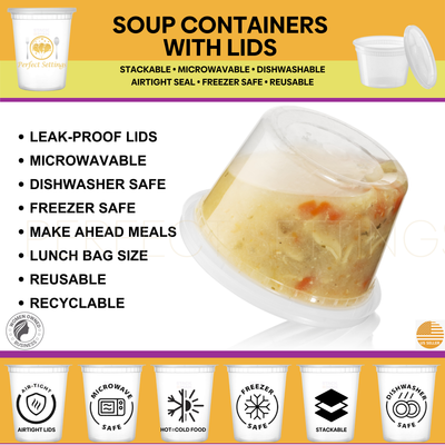 Perfect Settings 16 oz Deli Containers with Lids [40 Sets] Leakproof, Microwavable, Freezer, Dishwasher Safe, Pint Size Plastic Food Storage Container - Perfect Settings Tableware