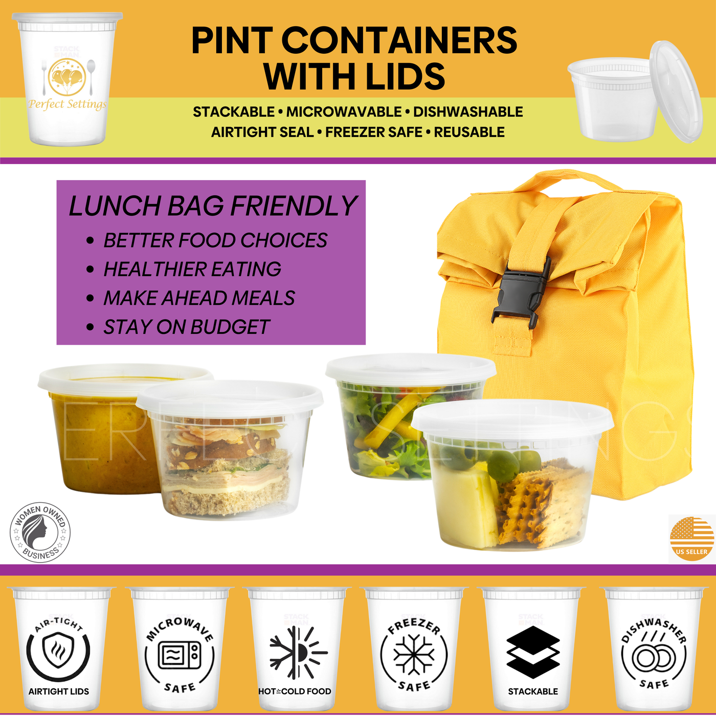 Perfect Settings 16 oz Deli Containers with Lids [40 Sets] Leakproof, Microwavable, Freezer, Dishwasher Safe, Pint Size Plastic Food Storage Container - Perfect Settings Tableware