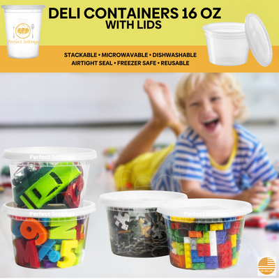 Perfect Settings 16 oz Deli Containers with Lids [40 Sets] Leakproof, Microwavable, Freezer, Dishwasher Safe, Pint Size Plastic Food Storage Container - Perfect Settings Tableware