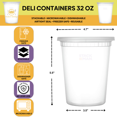 Perfect Settings Deli Containers with Lids 32 oz | Quart Containers [Set of 24] Freezer Safe Microwave Safe Food Storage, Plastic Soup Containers - Perfect Settings Tableware