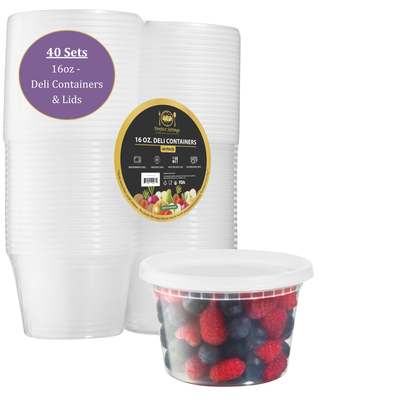 Perfect Settings 16 oz Deli Containers with Lids [40 Sets] Leakproof, Microwavable, Freezer, Dishwasher Safe, Pint Size Plastic Food Storage Container - Perfect Settings Tableware