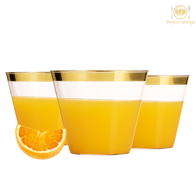 Perfect Settings 9 oz Gold Rimmed Clear Plastic Disposable Cups, One Line - 110 Count - Perfect Settings Tableware