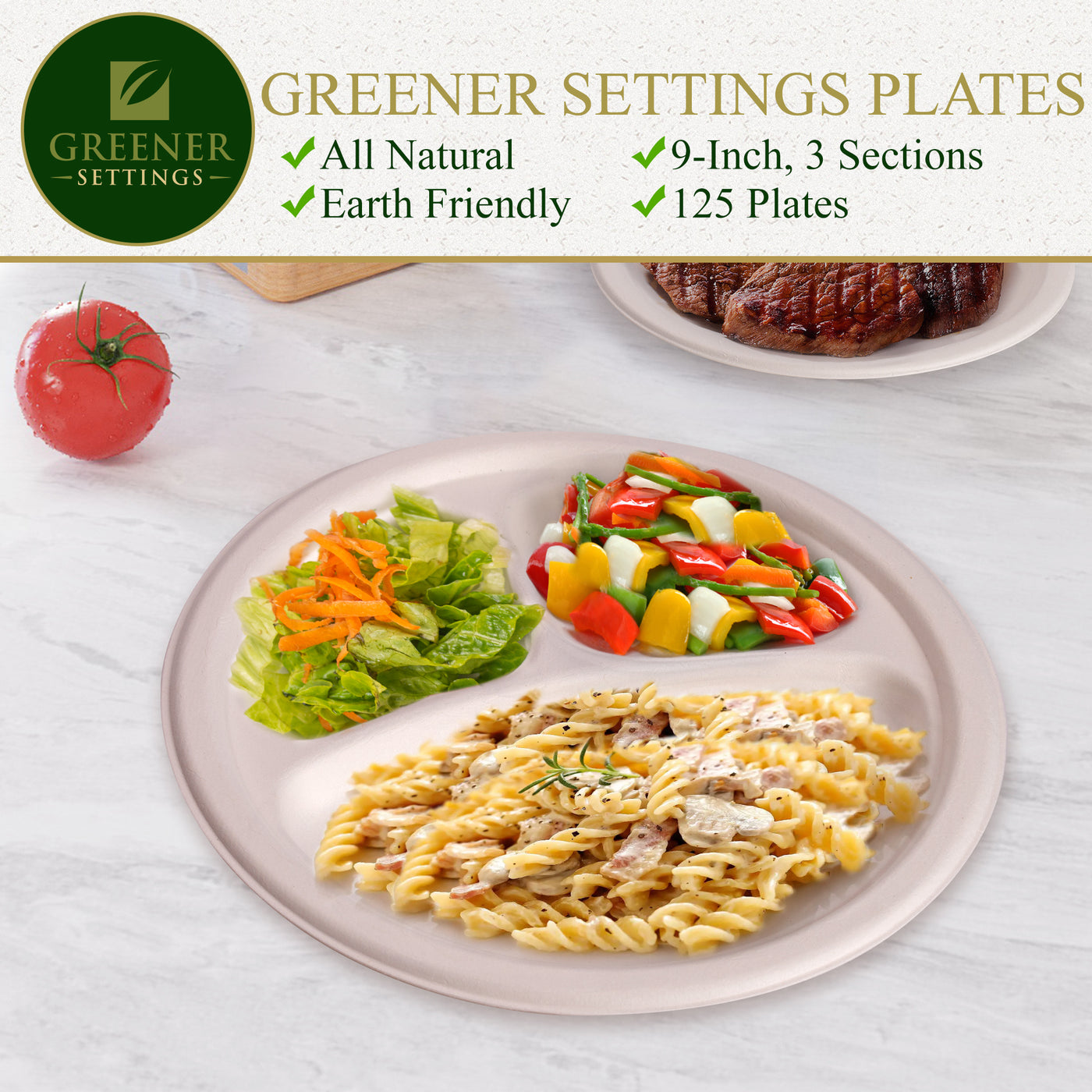 9 in. Unbleached Compostable Disposable Paper 3-Section Plates [125-Pack]