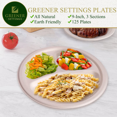 9 in. Unbleached Compostable Disposable Paper 3-Section Plates [125-Pack]