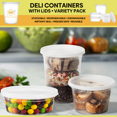 Perfect Settings Plastic Deli Containers with Lids [44 Sets] Variety Pk 8oz, 16oz & 32oz | Leakproof, Freezer Safe Soup & Food Storage | Microwavable Food Containers with Lids - Perfect Settings Tableware
