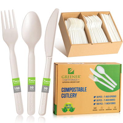 200 Piece Set - Compostable Disposable Plant Based Cutlery Set (50 Sets) - Perfect Settings Tableware