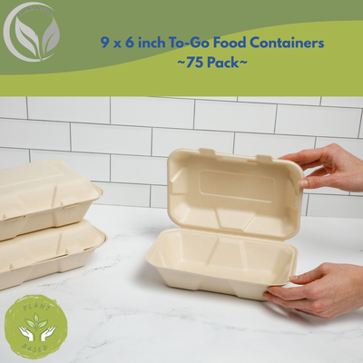 Greener Settings 75-Pack Compostable 9x6" Clamshell Takeout Containers – Heavy-Duty Bagasse To-Go Boxes, Microwave & Freezer Safe, Eco-Friendly & Leak-Resistant