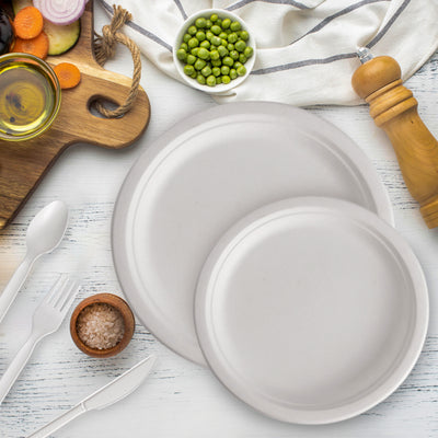 10 in. & 7 in. White Compostable Disposable Paper Plate Set Plus Cutlery [25 Guest Service] - Perfect Settings Tableware