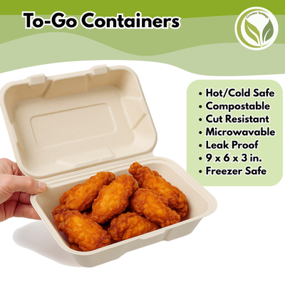 Greener Settings 75-Pack Compostable 9x6" Clamshell Takeout Containers – Heavy-Duty Bagasse To-Go Boxes, Microwave & Freezer Safe, Eco-Friendly & Leak-Resistant