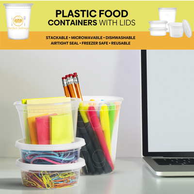 Perfect Settings Plastic Deli Containers with Lids [44 Sets] Variety Pk 8oz, 16oz & 32oz | Leakproof, Freezer Safe Soup & Food Storage | Microwavable Food Containers with Lids - Perfect Settings Tableware
