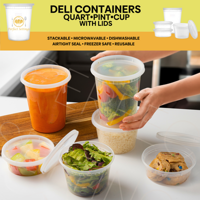 Perfect Settings Plastic Deli Containers with Lids [44 Sets] Variety Pk 8oz, 16oz & 32oz | Leakproof, Freezer Safe Soup & Food Storage | Microwavable Food Containers with Lids - Perfect Settings Tableware