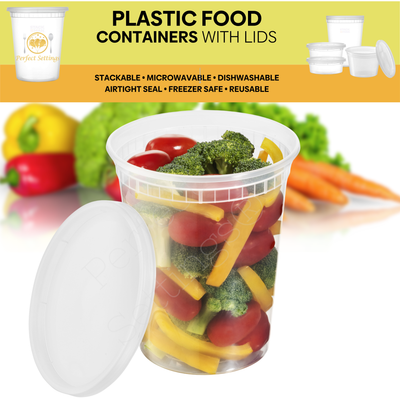 Perfect Settings Plastic Deli Containers with Lids [44 Sets] Variety Pk 8oz, 16oz & 32oz | Leakproof, Freezer Safe Soup & Food Storage | Microwavable Food Containers with Lids - Perfect Settings Tableware