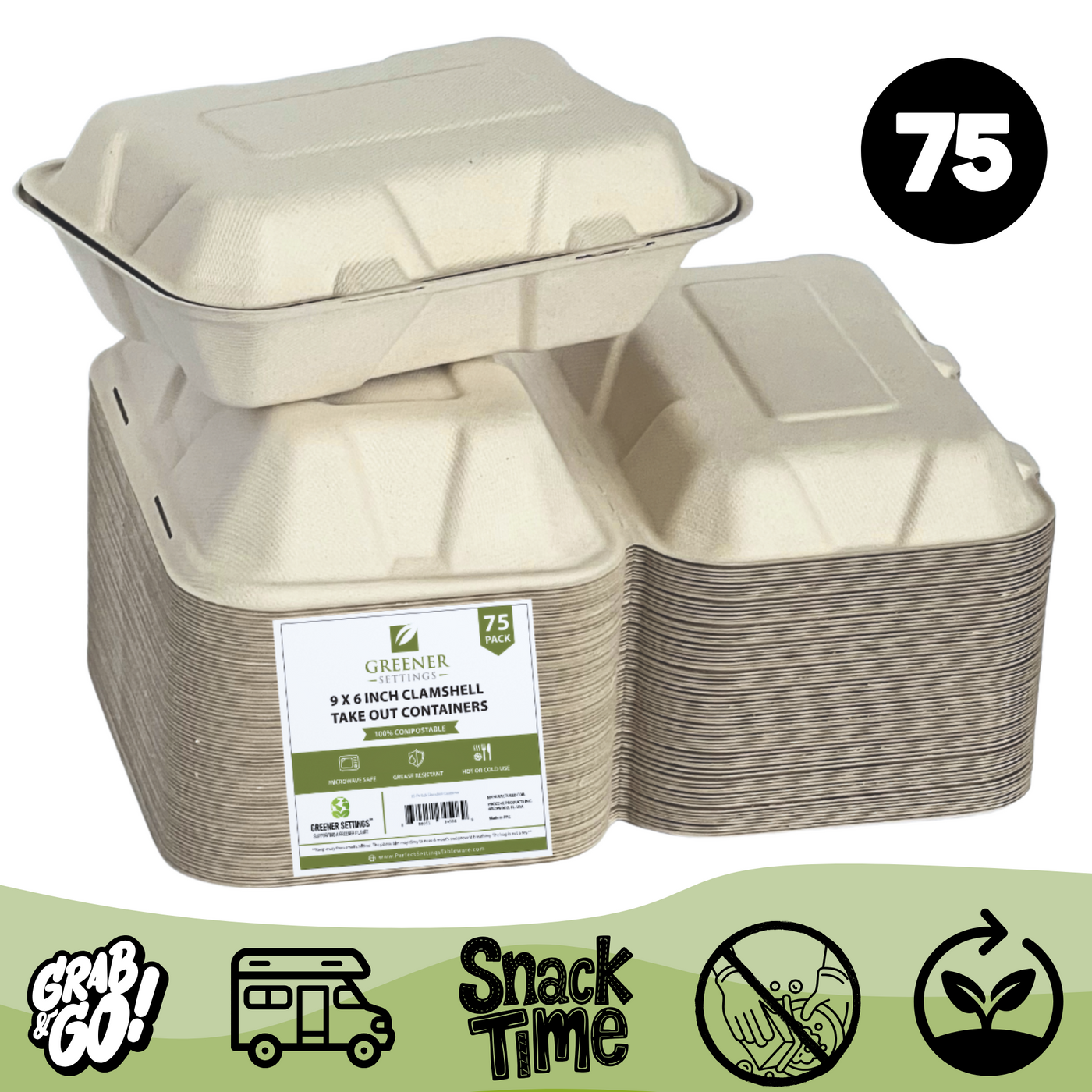 Greener Settings 75-Pack Compostable 9x6" Clamshell Takeout Containers – Heavy-Duty Bagasse To-Go Boxes, Microwave & Freezer Safe, Eco-Friendly & Leak-Resistant