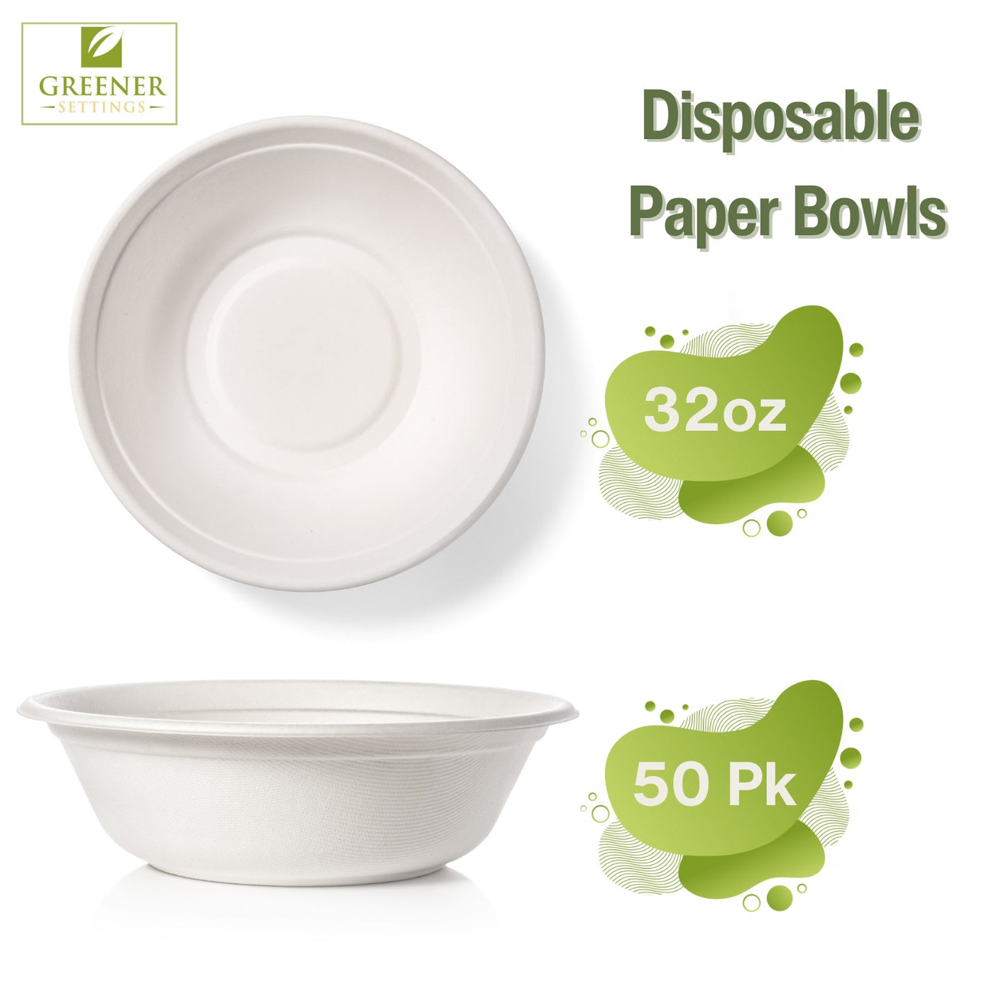 32 oz Extra Large Compostable Paper Bowls – 50-Pack Heavy-Duty Bagasse, Leak & Grease Resistant, Microwave & Freezer Safe