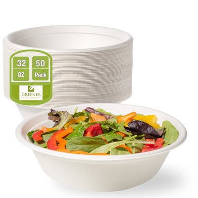 32 oz Extra Large Compostable Paper Bowls – 50-Pack Heavy-Duty Bagasse, Leak & Grease Resistant, Microwave & Freezer Safe