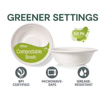 32 oz Extra Large Compostable Paper Bowls – 50-Pack Heavy-Duty Bagasse, Leak & Grease Resistant, Microwave & Freezer Safe