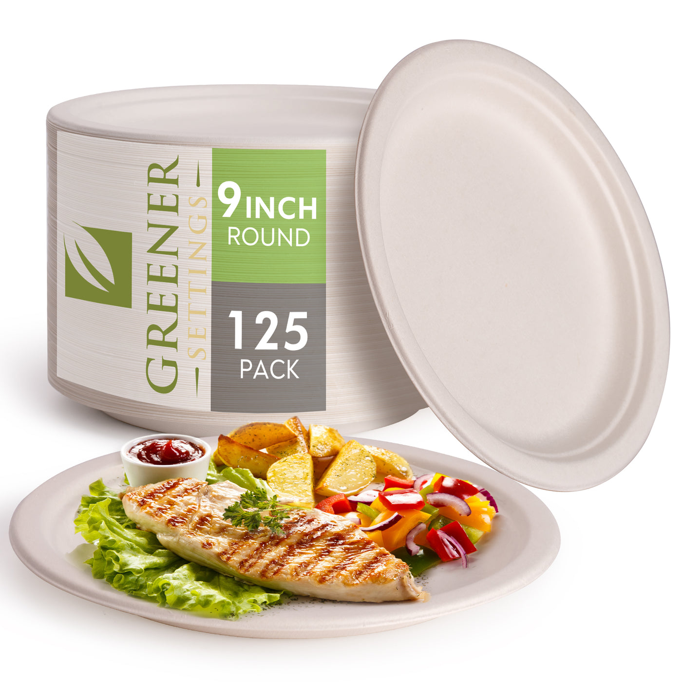 100% Compostable Paper Plates 9 in - 150 Plate Set | Ecovita / Unbleached - Eco Friendly Alternative to Paper Plates