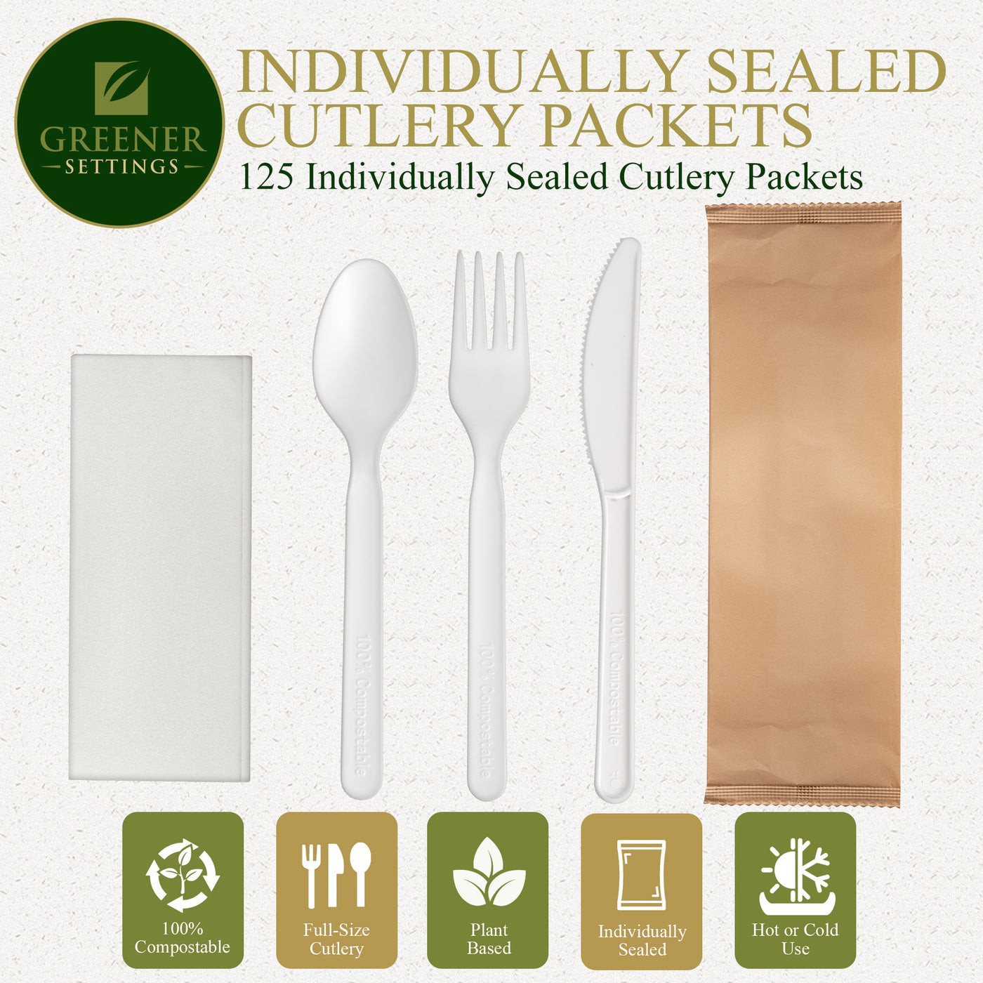 Compostable Disposable Plant Based Sealed Cutlery Packets (125 Sets) - Perfect Settings Tableware