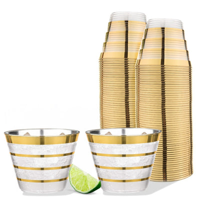 Perfect Settings 9 oz Gold Rimmed Clear Plastic Disposable Cups - Four Line - 110 Count - Perfect Settings Tableware
