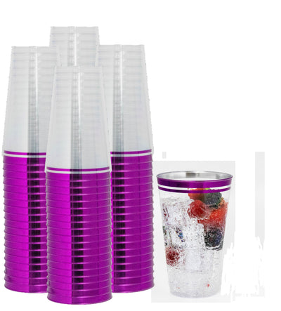 Perfect Settings 100 Pack 16oz Plastic Cups Clear Plastic Double Colored Rimmed Cups Fancy Disposable Wedding Holiday Party Cups